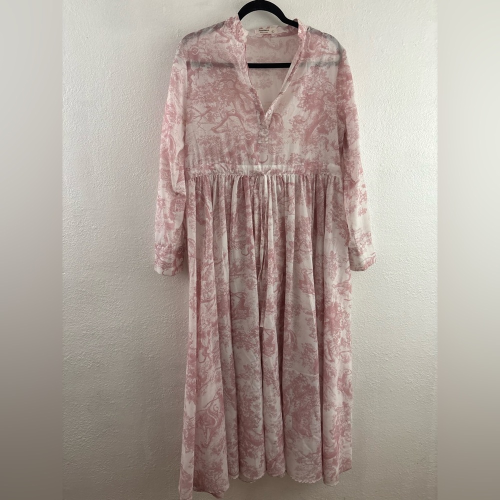 Peekskill long sleeve pink  white toile print pattern drawstring waist dress L